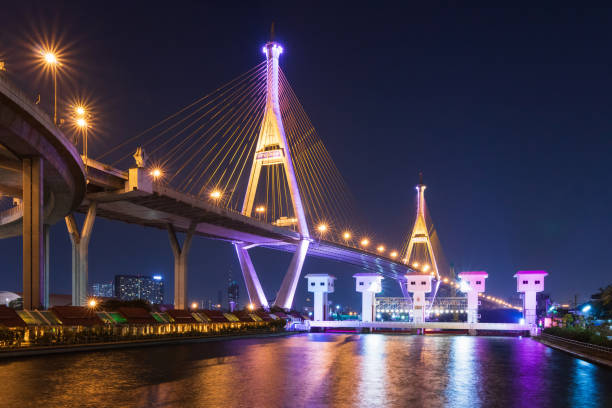 a ponte de bhumibol, igualmente conhecida como a ponte industrial da estrada do anel. a ponte atravessa o rio chao phraya - city mega night built structure - fotografias e filmes do acervo