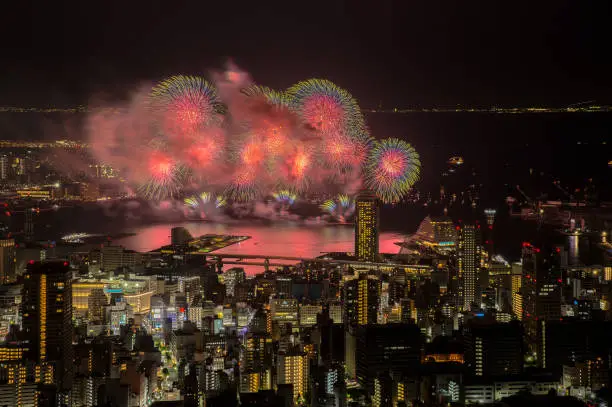 Photo of Kobe fireworks festival in summer season.