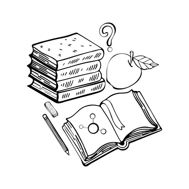 illustrazioni stock, clip art, cartoni animati e icone di tendenza di impara le lezioni. set scolastico pila di libri, libro di testo aperto, apple, punto interrogativo, matita, gomma. disegno a linee in bianco e nero. oggetti isolati su sfondo bianco. disegno a mano in stile doodle. - apple stack white backgrounds