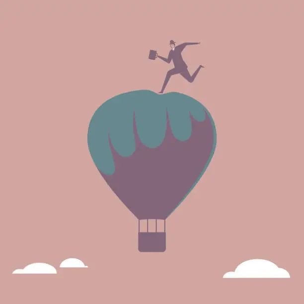Vector illustration of Businessman runs on the hot air balloon.