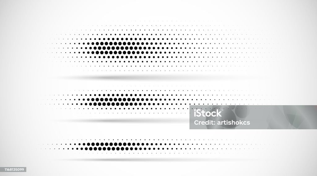 Set of halftone dots gradient pattern texture isolated on white background. Straight dotted spots using halftone circle dot raster texture. Vector blot half tone collection. Divider lines. Spotted stock vector