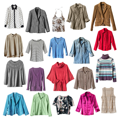 Set of colorful shirts and jackets on white background