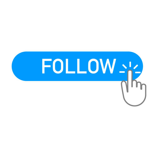 ilustraciones, imágenes clip art, dibujos animados e iconos de stock de seguir el botón azul con un clic de mano en - seguir