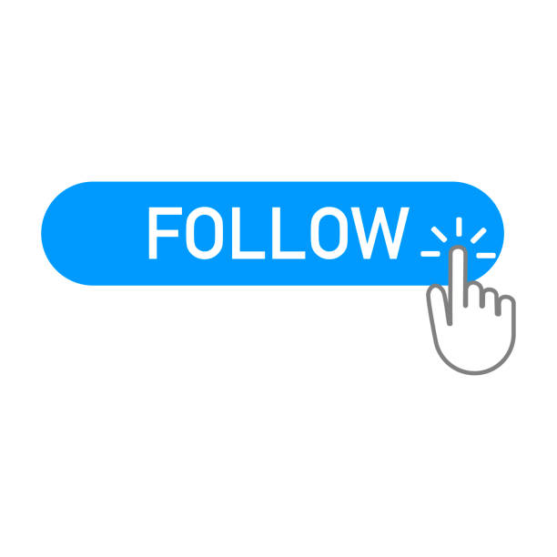 follow blue button with a hand clicking on follow blue button with a hand clicking on it following stock illustrations