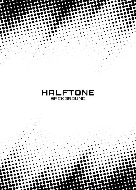 Vector illustration of Halftone dots gradient pattern texture vertical background. Frame using halftone circle zigzag grunge pattern for design of posters, flyers, brochures, covers. Vector zigzag spotted illustration.
