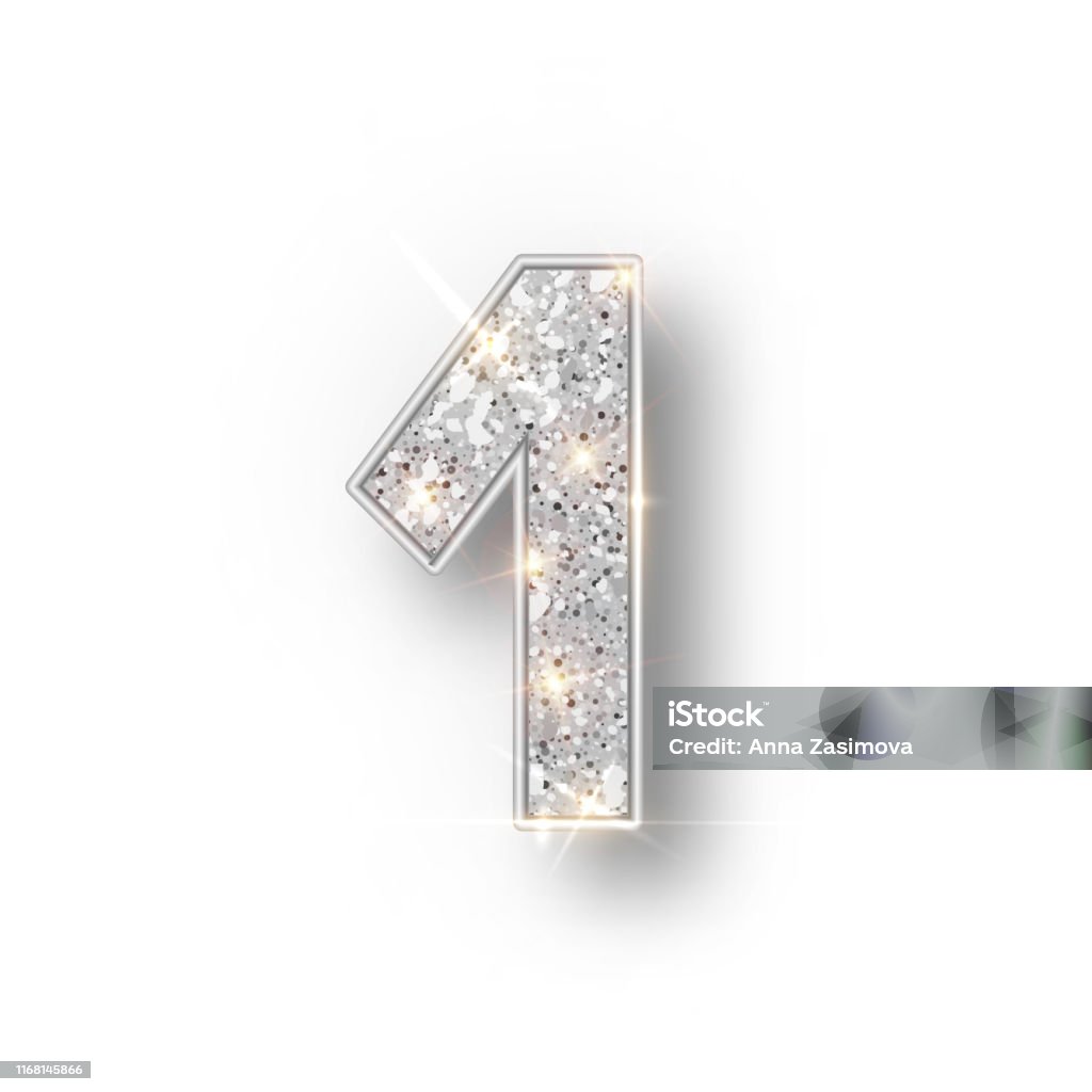 Silver Glitter Alphabet Numbers 1 With Shadow Vector Realistick Shining