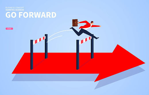Businessman crosses obstacles on the arrow and goes forward