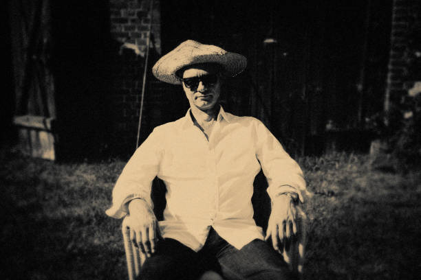 Senior man, relaxing, garden, monochrome, outdoors, summer,