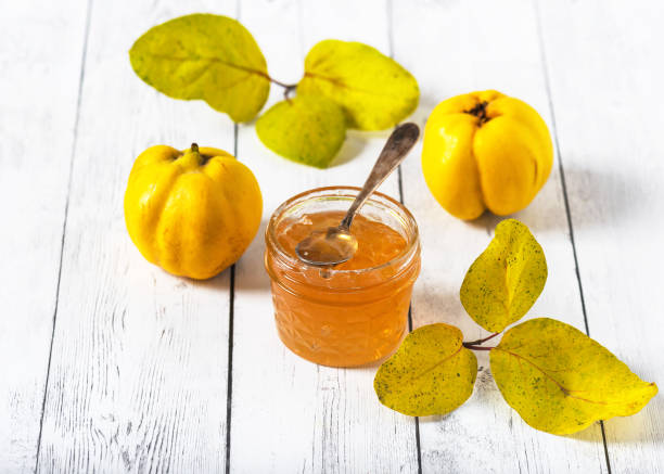 vasetto di marmellata di mela cotogna fatta in casa con frutta fresca di mela cotogna su sfondo bianco. - quince foto e immagini stock