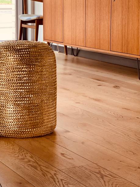 Golden round stool on parquet floor