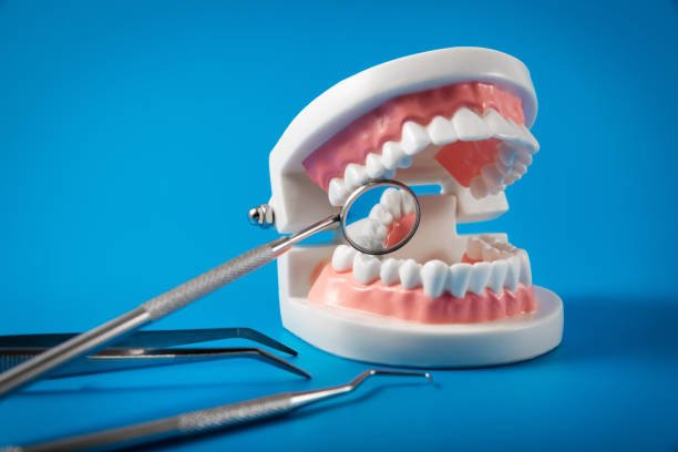 istock dental hygiene and treatment - tooth model and dentist tools on blue background 1168158478