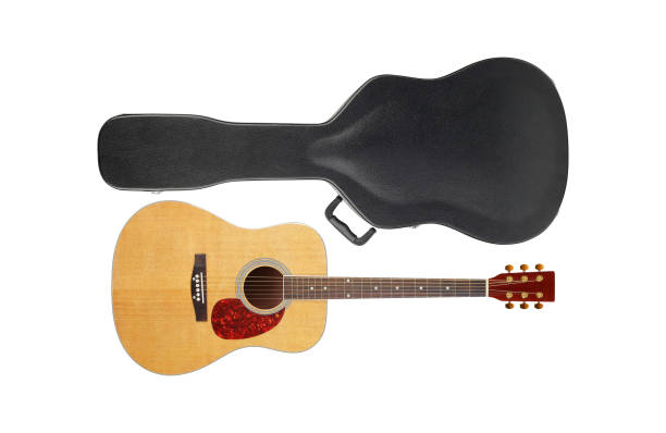 istock Musical instrument - Front view classic vintage acoustic guitar hard case. Isolated 1168160934