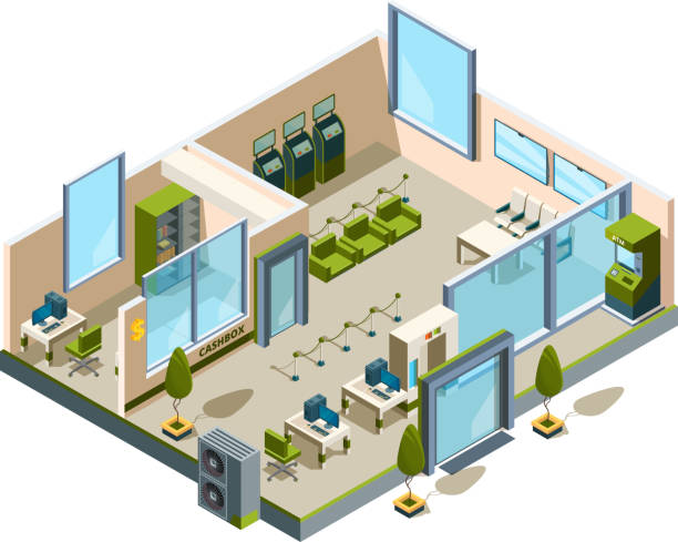 Bank isometric. Modern building interior office open space banking lobby service room for managers vector 3d low poly Bank isometric. Modern building interior office open space banking lobby service room for managers vector 3d low poly. Illustration isometric bank interior, office business service lobby office stock illustrations