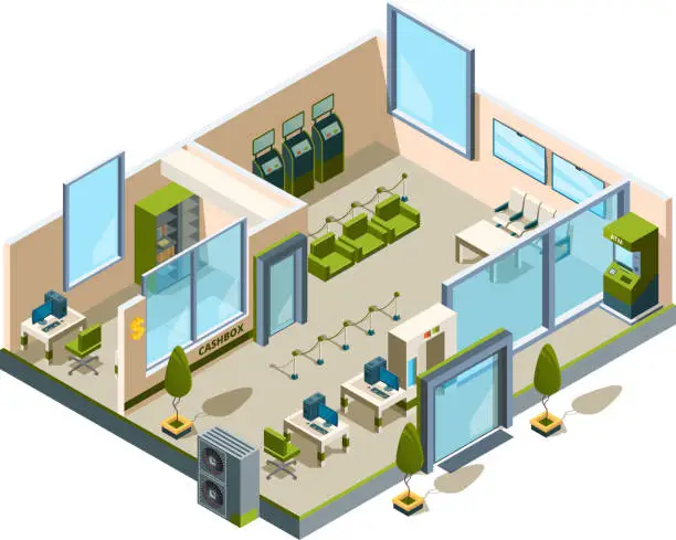 Vector illustration of Bank isometric. Modern building interior office open space banking lobby service room for managers vector 3d low poly