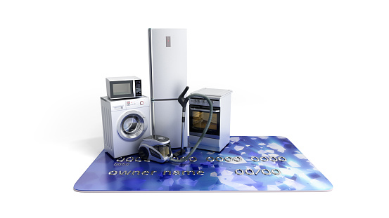 Home appliances on credit card E-commerce or online shopping concept 3d render on white