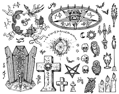 Vector engraved illustration in gothic and mystic style. No foreign language, all signs are fantasy.