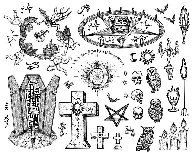 Vector engraved illustration in gothic and mystic style. Vector engraved illustration in gothic and mystic style. No foreign language, all signs are fantasy. spooky illustrations stock illustrations