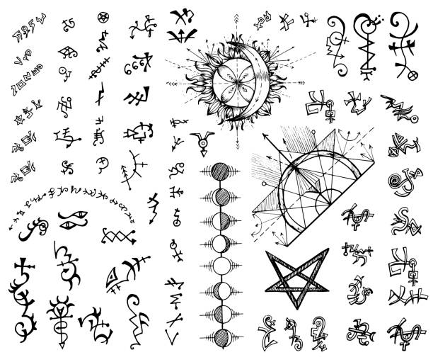 Design set with abstract alchemy and sacred geometry signs Design set with abstract alchemy and sacred geometry signs.  Vector engraved illustration in gothic and mystic style. No foreign language, all symbols are fantasy. alchemy symbols stock illustrations