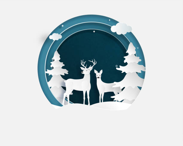istock Love couple of deer in winter field with frame in paper cut style. Creative vector illustration Christmas celebration. Valentines day concept. Backdrop, Poster, Brochure, Banner, Flyer, Greeting card. 1168168845