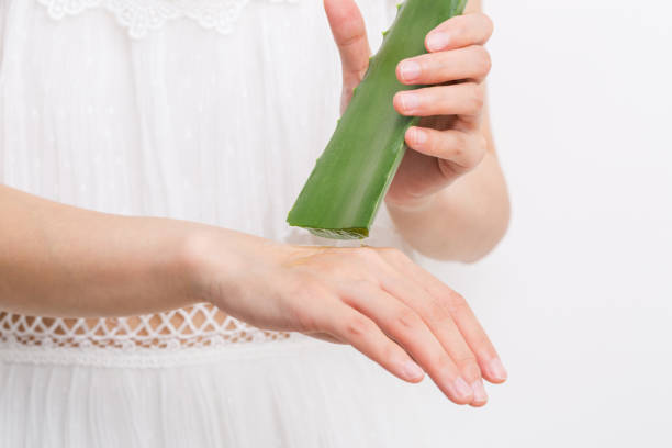 mão fêmea que aplica o gel do aloe vera em uma pele. medicina alternativa natural. - herbal medicine asian ethnicity aloe women - fotografias e filmes do acervo