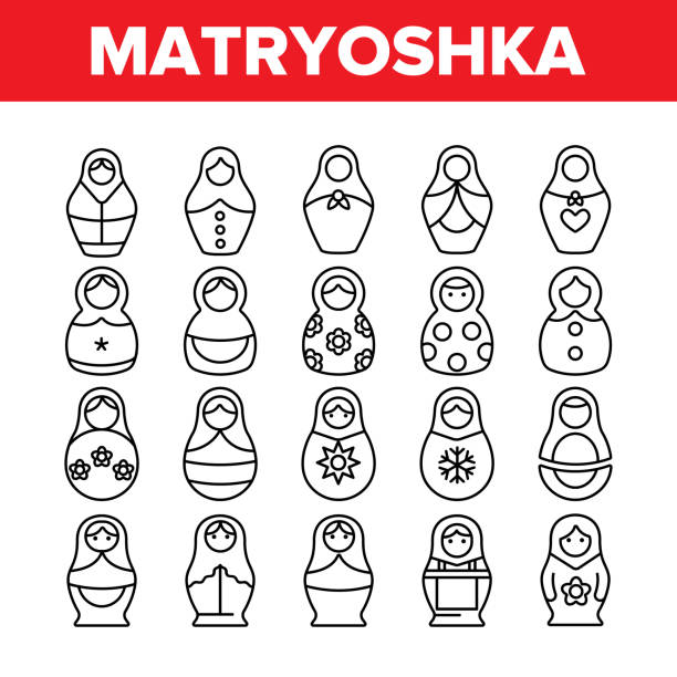 матрешка игрушка вектор тонкая линия иконы установить - russian nesting doll illustrations stock illustrations