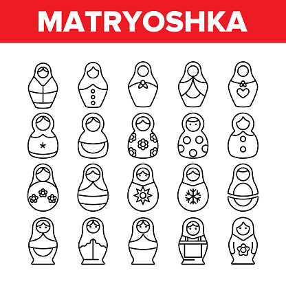 Matryoshka Toy Vector Thin Line Icons Set. Matryoshka, Traditional Russian Decorative Souvenir Linear Pictograms. Matrioshka, Handcrafted Wooden Dolls in Ethnic Costumes Symbols Collection