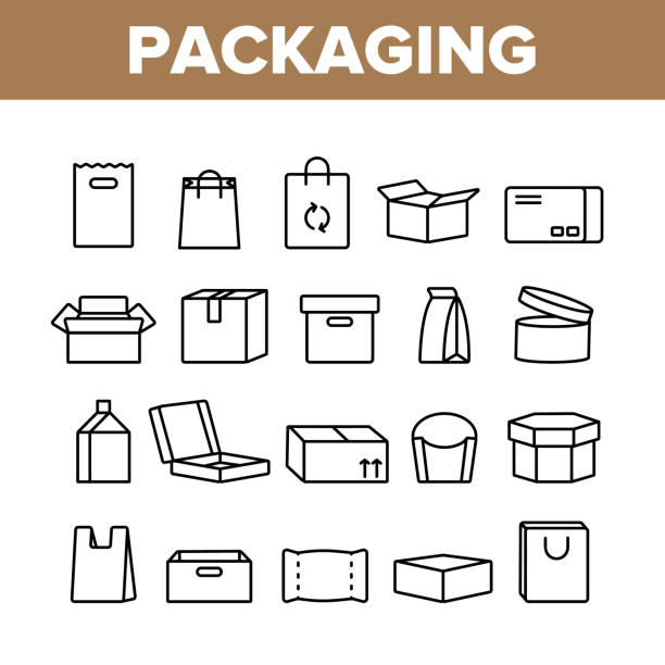 ilustrações de stock, clip art, desenhos animados e ícones de packaging types vector thin line icons set - empacotar