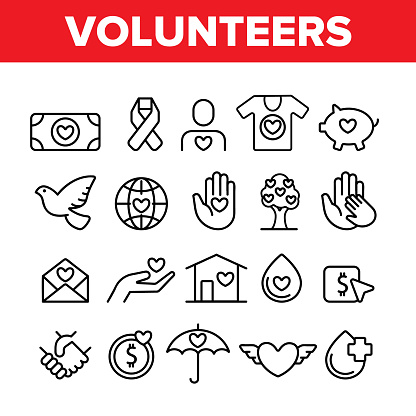 Volunteers, Charity Vector Thin Line Icons Set. Volunteering, Charitable Organizations Logo Linear Pictograms. Donations, Humanitarian Aid, Peace-Keeping Missions Symbols Contour Illustrations