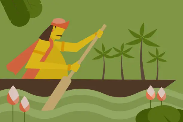 Vector illustration of King Mahabali rowing a boat in Kerala backwaters.