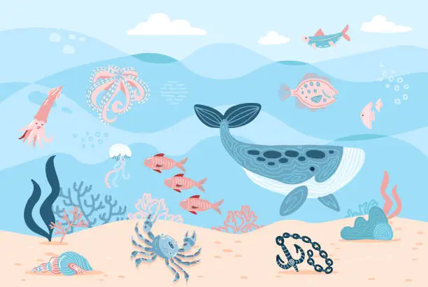 Vector illustration of Sea inhabitants. Octopus, whale, fish, crab and algae. Marine life on sea bottom with ankor on sand. Hand drawn flat cartoon background. Underwather world. Vector illustration of Undersea Landscape