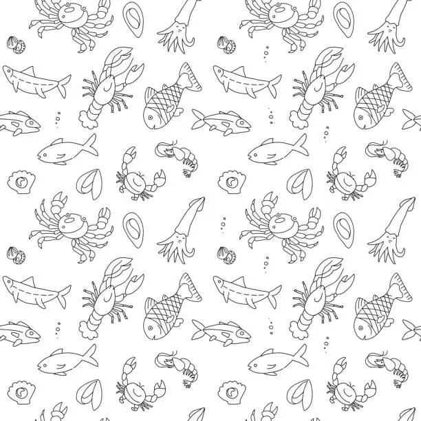 Vector illustration of Seamless pattern with cute hand drawn fish and other marine inhabitants in doodle scandinavian style. Vector collection on white background