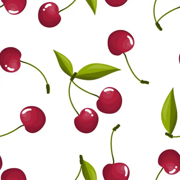 Vector illustration of Cherry with leaves seamless pattern.