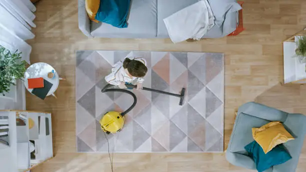 Timelapse of Young Female Cleaning a Cozy Living Room with a Vacuum Cleaner. Modern Interior with Carpet, Sofa, Chair, Coffee Table, Shelf, Plant and Wooden Floor. Top View.