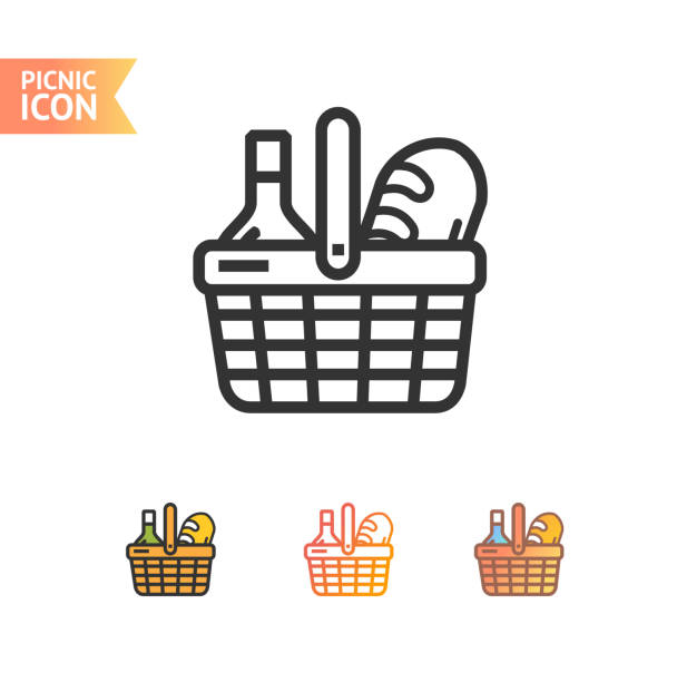 Picnic Basket Thin Line Icon Set. Vector Picnic Basket Thin Line Icon Set Include of Bread and Wine Bottle. Vector illustration of Icons backgrounds environment vertical outdoors stock illustrations