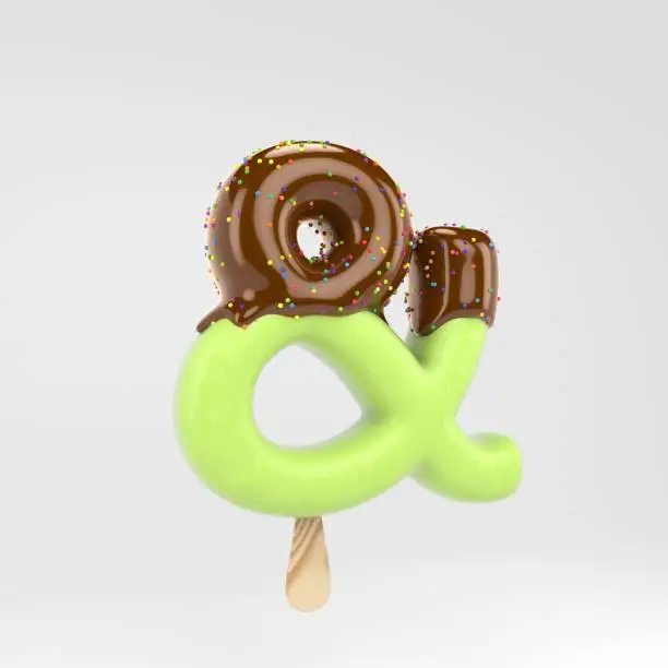 Ice cream ampersand symbol. Pistachio popsicle font with hot chocolate topping and sprinkles. 3d rendered alphabet type isolated on white background. For banner, poster design template.