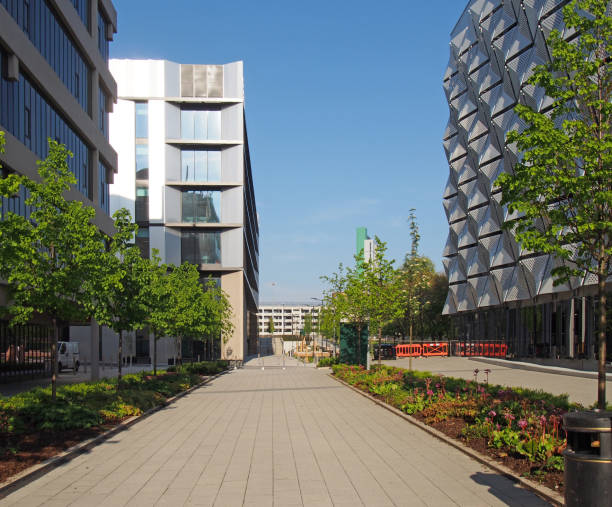 istock a view down a long pedestrian street between leeds university and a car park building lines with trees and flowerbeds with a bright summer sky 1168190408
