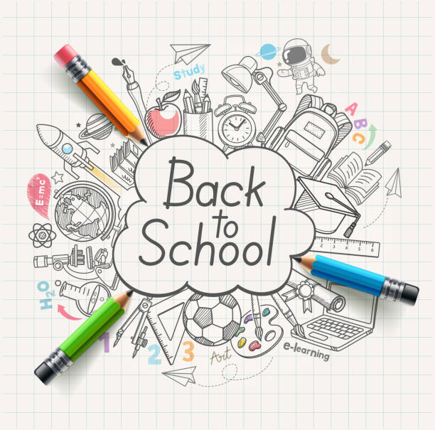 ilustrações, clipart, desenhos animados e ícones de de volta aos doodles do conceito da escola. ilustração do vetor. - educação