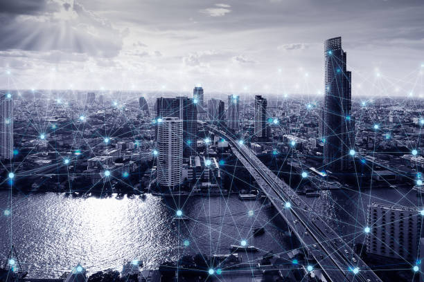 istock Black and white smart city with network connections aerial view, communication technology concept 1168192418