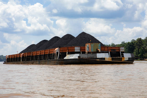 rebocador para transporte de carvão em kalimantan, indonésia - container ship tugboat nautical vessel pulling - fotografias e filmes do acervo