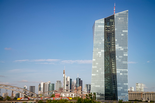 European Central Bank (ECB) with the skyline of Frankfurt in the background