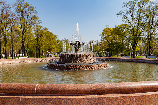 Moscow, Russia - May 01, 2019: Repinskiy fountain on Bolotnaya square in Moscow at sunny spring morning