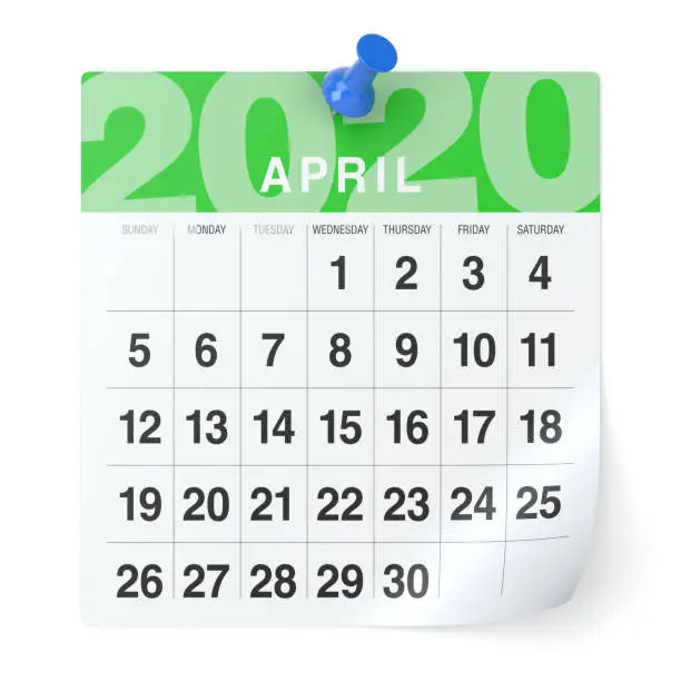 April 2020  -Calendar. Isolated on White Background. 3D Illustration