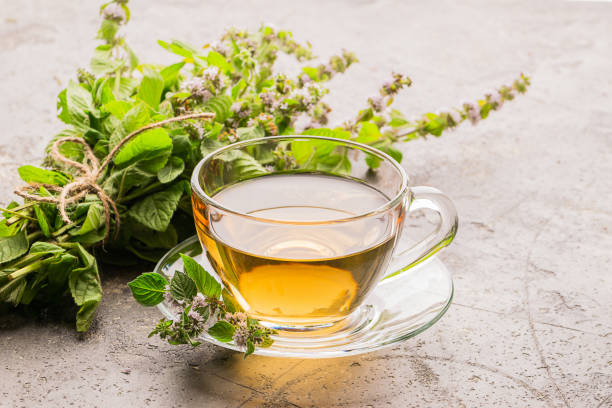 tasse tee-drink mit frischen blättern von pfefferminze melissa grauen hintergrund. heilende kräutergetränk. horizontaler rahmen. - lemon balm stock-fotos und bilder