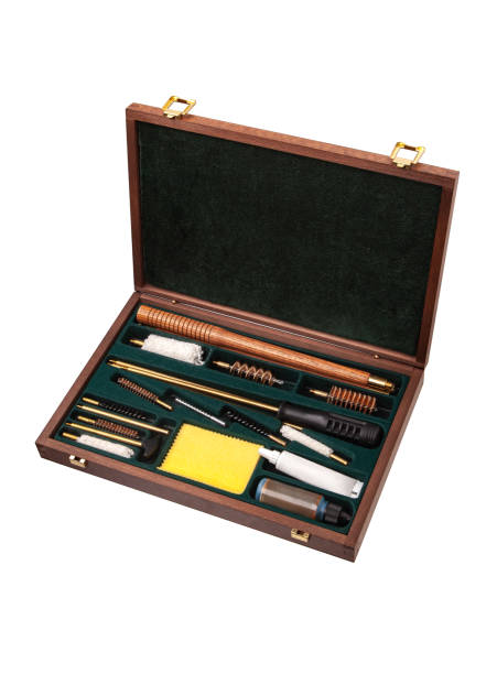 istock Set for cleaning weapons in a wooden case isolate on a white background. Weapon care tools. Luxury gift set. 1168205627