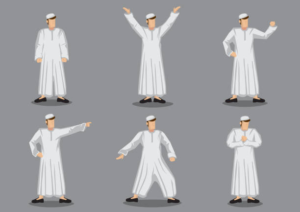 Muslim Man in Traditional Costume Character Design Vector Illustration Set of six vector illustrations of muslim man in white traditional costume and headwear isolated on grey background. allah the god islam cartoons stock illustrations