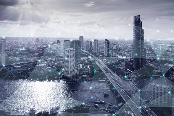 istock Black and white smart city with network connections aerial view, communication technology concept 1168206400