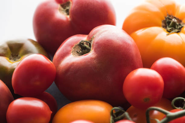 close up view of different yellow and red tomatoes