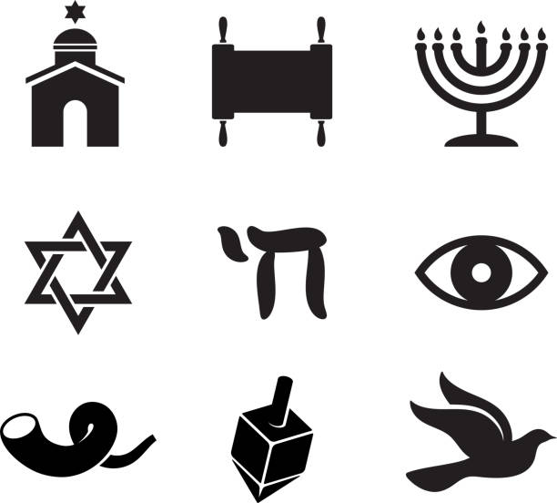 jewish religious items black and white vector icon set - şofar illüstrasyonlar stock illustrations