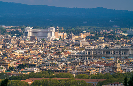 Panoramic view from the Zodiaco Terrace in Rome with the Vittoriano (Altar of the Fatherland). Rome, italy.