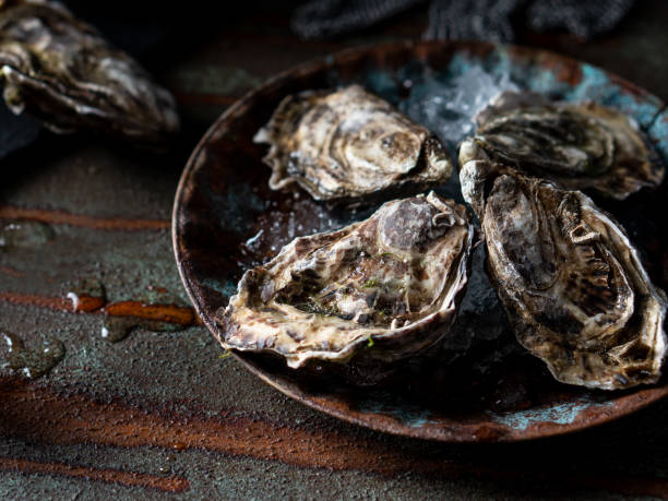 istock Opened fresh oysters on a dark background, a knife and water drops. 1168212236